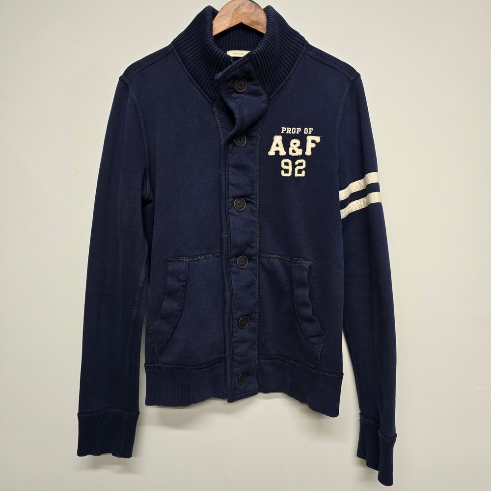 Abercrombie & Fitch Sweatshirt Mens Medium Navy Blue Cotton Varsity Cardigan Y2K
